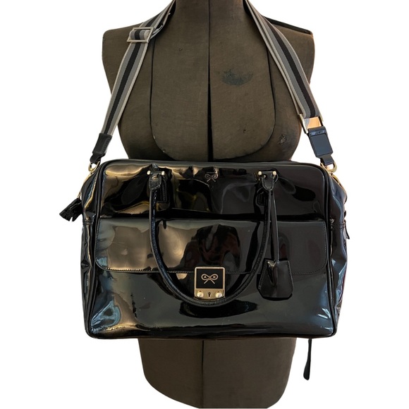 ANYA HINDMARCH BLACK PATENT LEATHER CARKER SATCHEL WITH DETACHABLE X-BODY STRAP - Picture 2 of 9